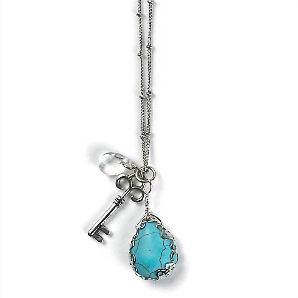 NEW MAD STYLE women's turquoise key and bead charm necklace in silver